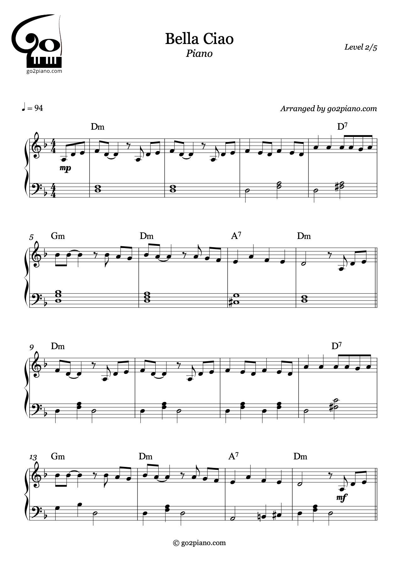 Bella Ciao - Piano - Niveau 2/5