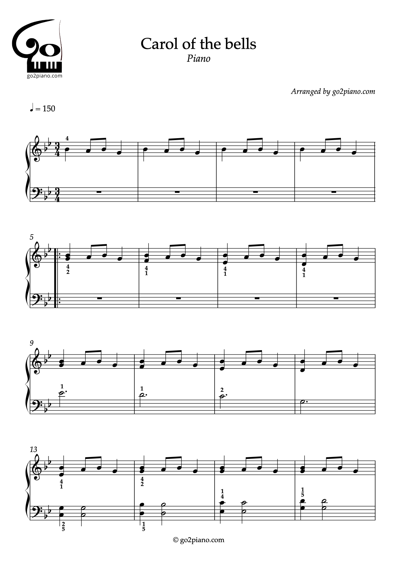Carol of the Bells - Piano - Niveau 2/5