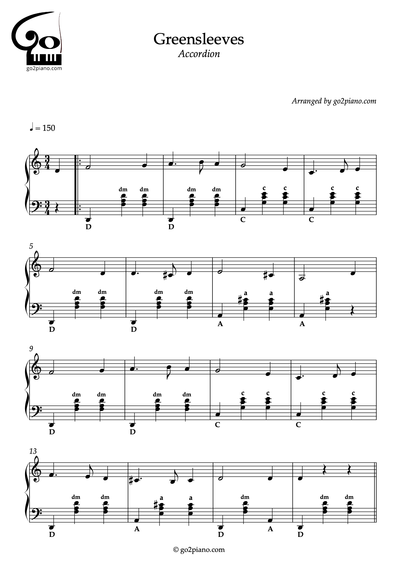 Greensleeves - Accordéon - Niveau 2/5