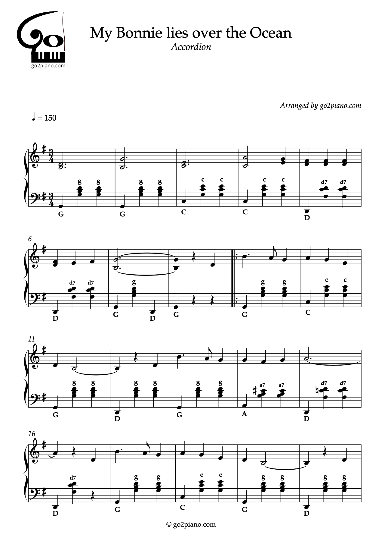 My Bonnie Lies Over the Ocean - Accordéon - Niveau 2/5