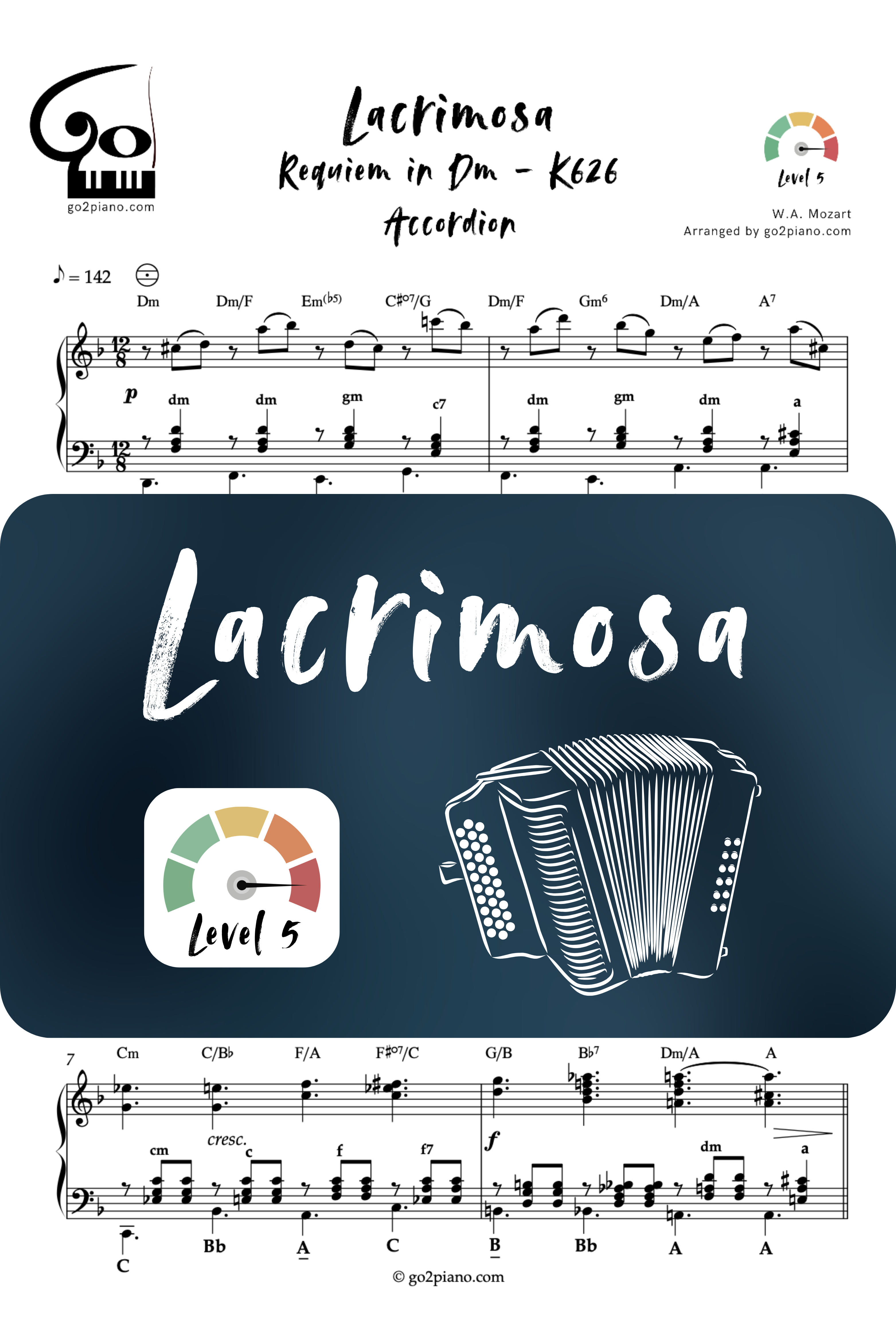 Lacrimosa - Mozart - Accordéon - Niveau 5 Go2Piano