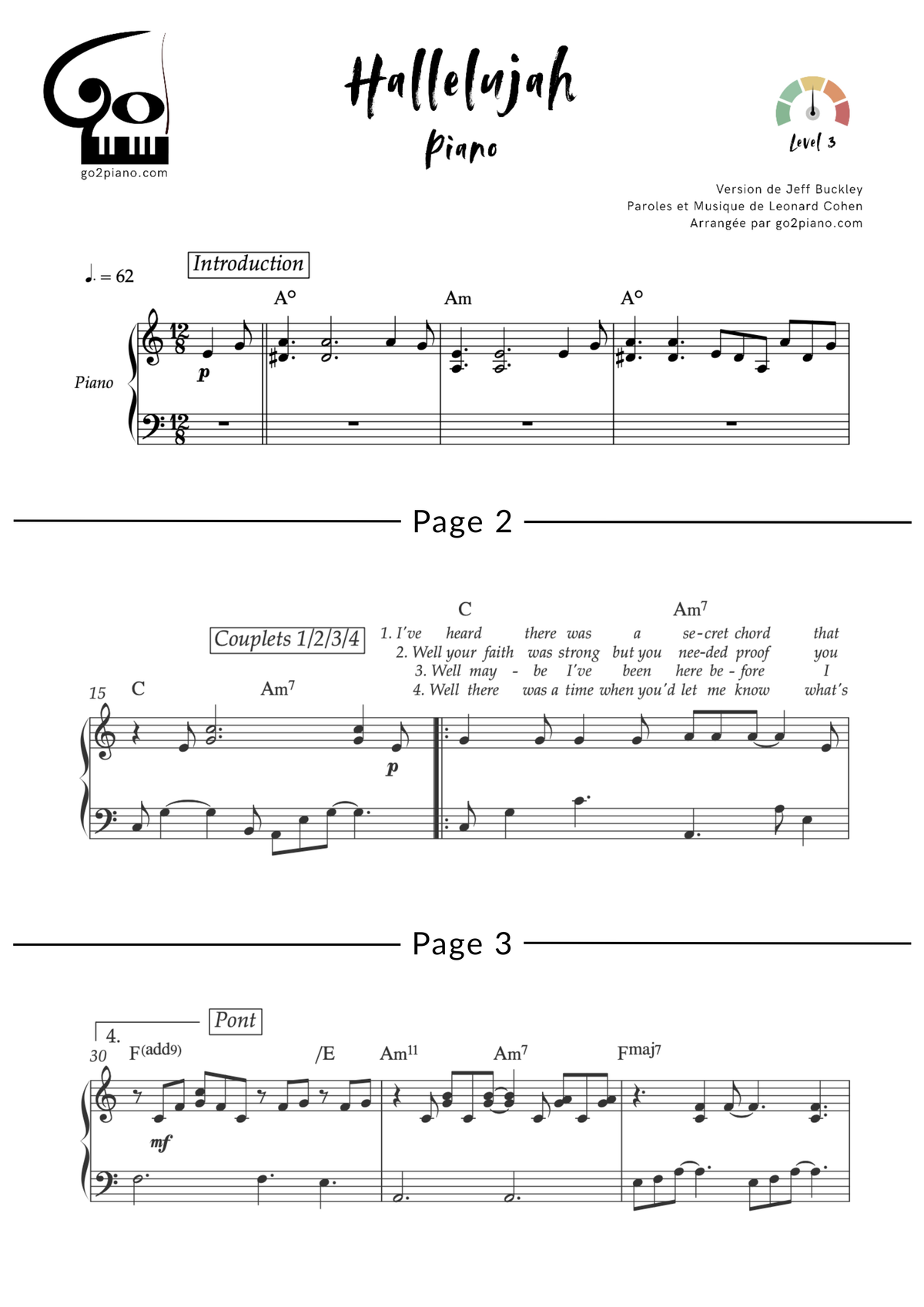 Hallelujah (Buckley, piano-voix) Go2Piano