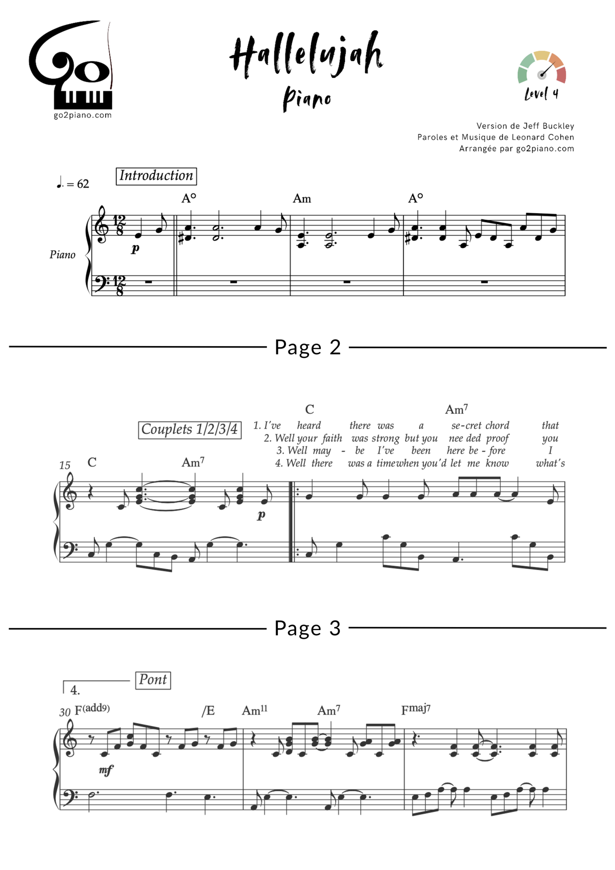 Hallelujah (Buckley, piano-voix) Go2Piano