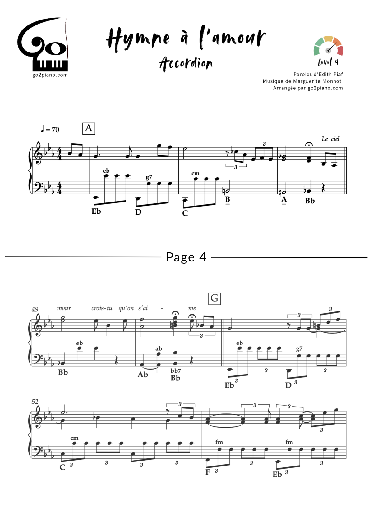 Hymne à l'amour Go2Piano