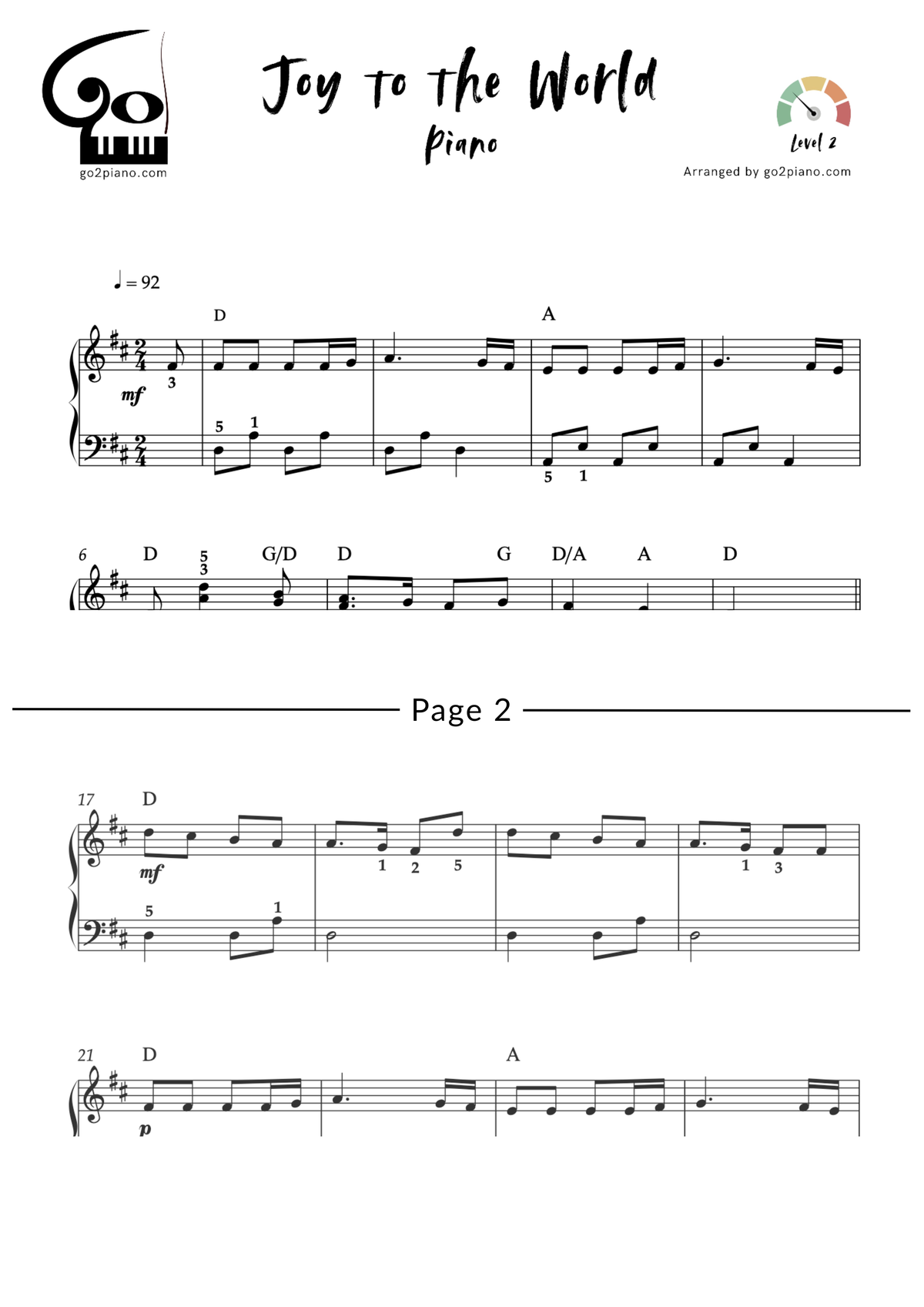 Joy to the World Go2Piano