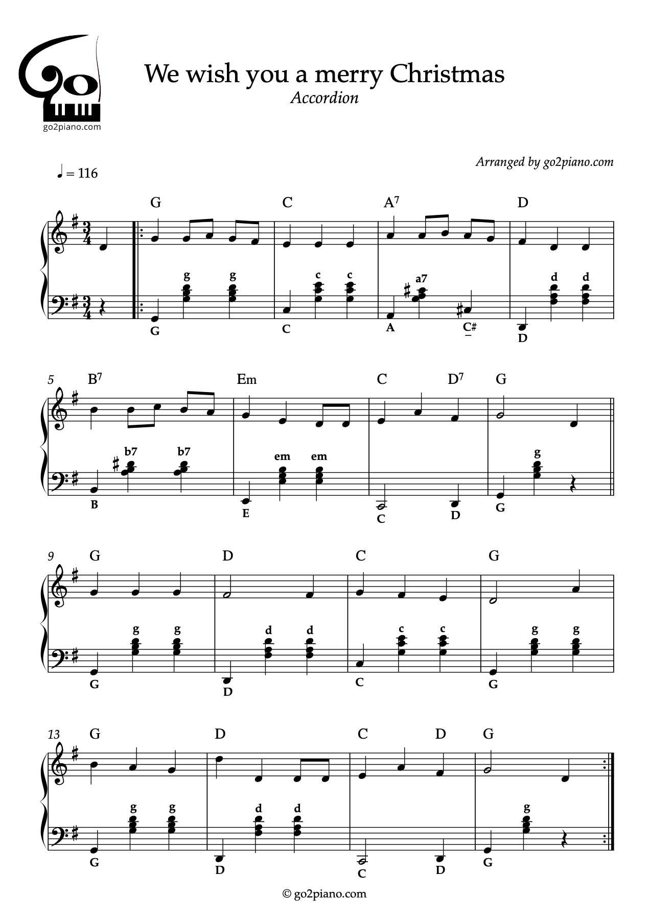 We Wish You a Merry Christmas - Accordéon - Niveau 2/5